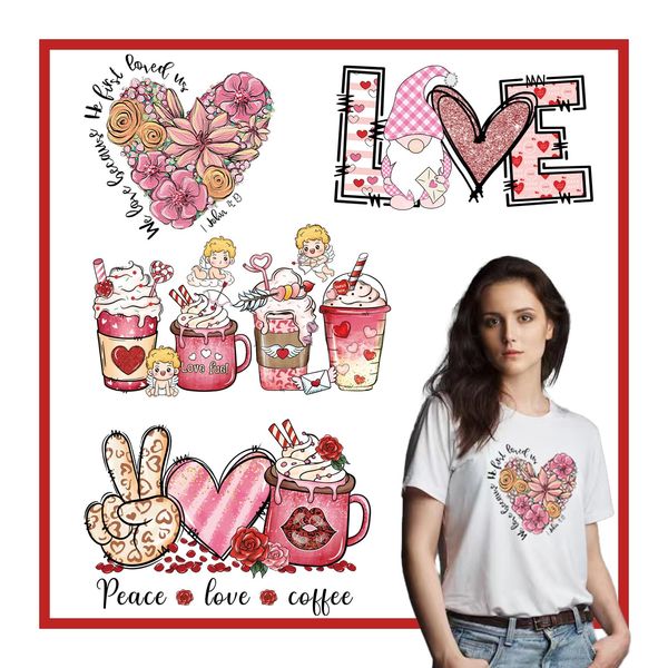 4 Sheets Valentine's Day Iron on Transfer Patches for Clothing, Pink DTF Transfers Ready to Press Cute Heat Transfer Design Valentines Iron on Decal with Heart Designs Iron on Stickers for T-Shirts