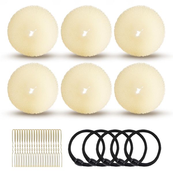 HOFASON Hair Bun Maker Donut 31 Pcs, 6 Pcs Medium Hair Donuts for Buns, 5 Pcs Hair Elastic Bands, 20 Pcs Hair Pins, Hair Buns Pieces Ring Style Accessories for Women Girls Long Hair Shaper (Beige)