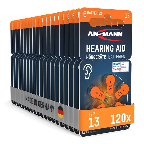 ANSMANN Hearing Aid Batteries 13 with Easy-Grip Protective Film (Orange Pack of 120) Type 13 P13 PR48 ZL2 Made in Germany Zinc Air 1.4 V Battery for Hearing Aids Hearing Aids