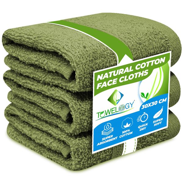 Towelogy® Premium Flannel Face Cloth 3-Pack 100% Egyptian Cotton Ring Spun Super Soft Washcloth 30x30cm for Cleansing Makeup Remover Spa & Gym Face Towels (Green, 3)