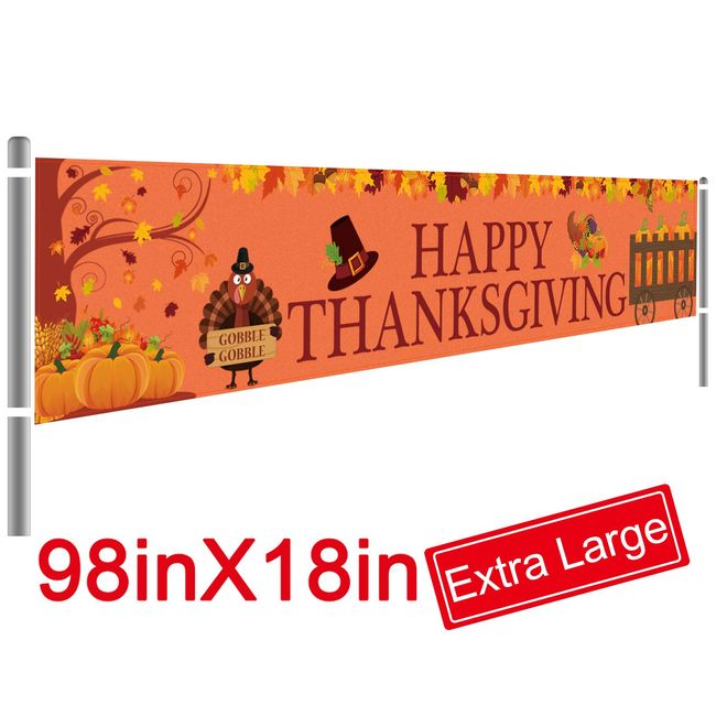 Large Happy Thanksgiving Banner, Thanksgiving Decorations, Fall Banner, Thanksgiving Turkey Maple Leaves Pumpkin Banner, Thanksgiving Party Outdoor & Indoor Decor Supplies (8.2 x 1.5 FT)