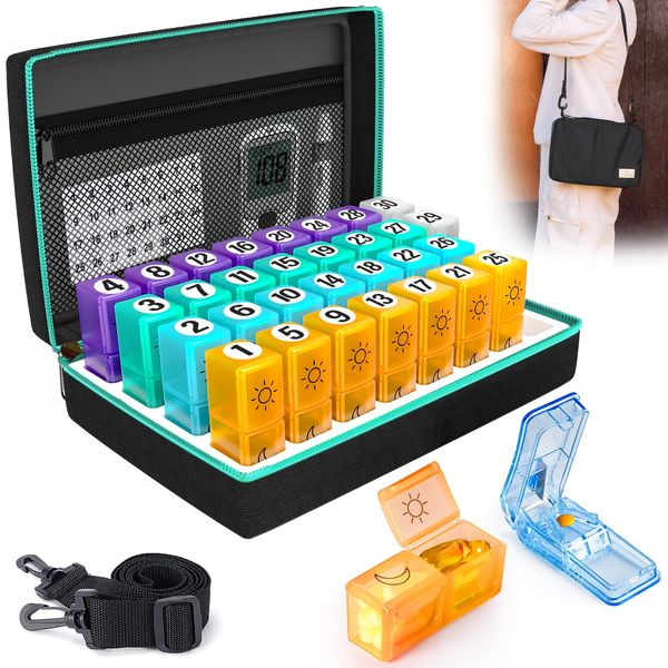 Tablettenbox Monat 30 Tage, Tablettenbox 14 Tage 2 Fächer Große Pillendose für Morgens Abends, Tabletten Organizer für 4 Wochen, Tablettenbox 1 Monat für Pillen, Fischöle Monatlicher Pillen-Organizer