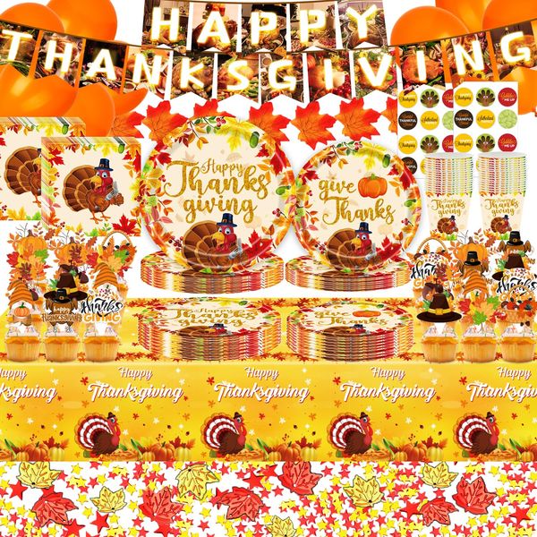 DawnHope Thanksgiving Decorations Fall Theme Party Supplies Paper Plates and Napkins with Tablecloth, Balloons, Stickers, Maple Leaves and Cupcake Toppers for Autumn Table Indoor Decor, Serves 24