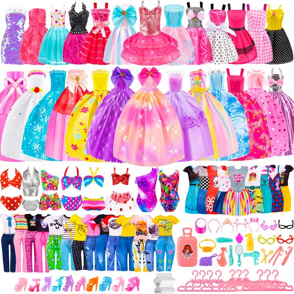 Doll Clothes and Accessories - 110 Pcs Doll Dress up Toys for Girls with Wedding Dresses, Casual Dresses, Casual Jumpsuit, Swimsuits Bikini, Glasses, Shoes, Hangers, Doll Clothes Toys for Girl Gift