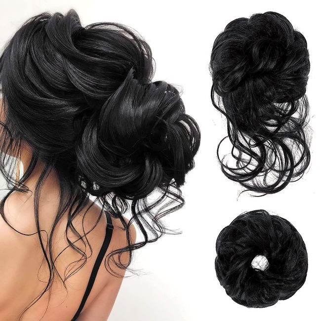 Hair Bun Extensions,Hairpiece Hair Rubber Scrunchies Curly Messy Bun Wavy Curly Hair Wrap Ponytail Chignons Bridal Hairstyle Voluminous Wavy Messy Bun Updo Hair Pieces with Hair Rope and Hairpin,Black