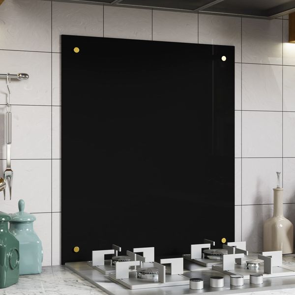 BELOFAY 60x65cm Black Tempered Glass Splashback for Kitchen 6mm Toughened Glass Heat Resistant Splashbacks for Cookers | Pre-Drilled Holes with Fittings