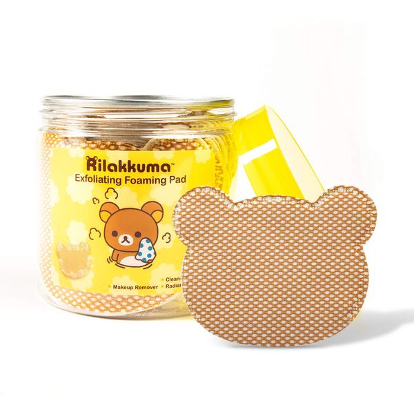 Rilakkuma Exfoliating Foaming Pad | Makeup Remover and Cleanser | Duo-Sided - For Cleansing and Exfoliating | Infused with Hyaluronic Acid, Enzyme Powder, Vitamin C, and Vitamin A | 20 ct