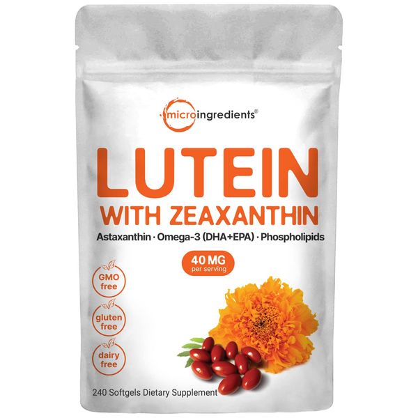 Micro Ingredients Lutein & Zeaxanthin 40mg Softgels, 240 Count, with Astaxanthin, Omega-3s, & Phospholipids | Eye + Vision Health Vitamins | Third Party Tested, Non-GMO, Gluten Free