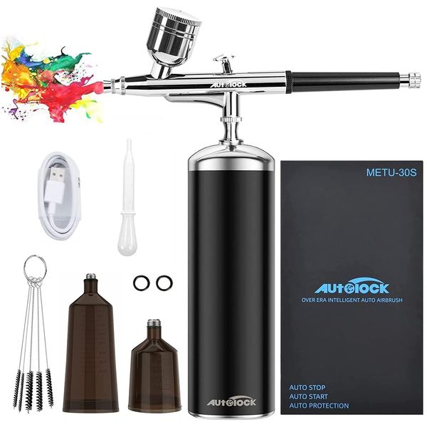 Autolock Airbrush, Spritzpistole Set 30PSI mit Kompressor, Tragbares Airbrush-Kit und Wiederaufladbares Hand-Airbrush-Set, für Schminke, Kuchendekoration, Modellfärbung, Nagelkunst, Täto