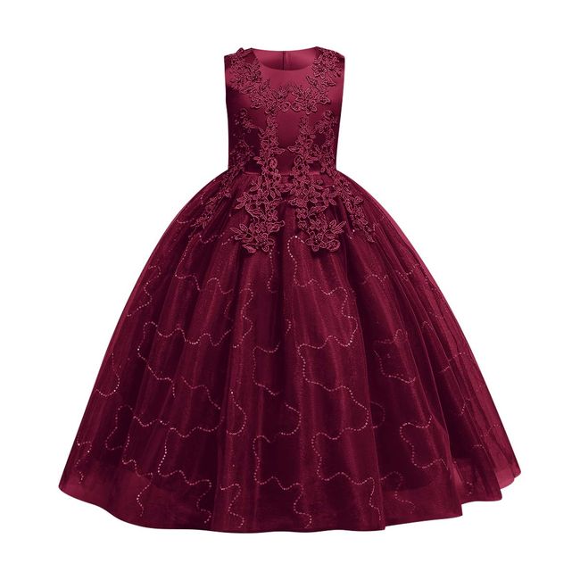 Flower Girl Lace Pageant Long Princess Dresses Prom Dance Ball Gowns for Girls Kids Child Formal Bridesmaid Wedding Party Maxi Boho Floor Length Dress Fancy Costume Burgundy 6-7 Years