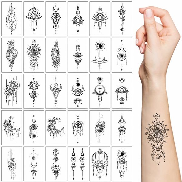 30 Bögen Temporäre Tattoos, Schwarzer Lotus Blumen Tribal Gefälschter Schmuck Anhänger Spitze Mond Motten Tattoos Semi Permanent Transfer Tattoos Aufkleber für Frauen Mädchen Make-up Zubehör