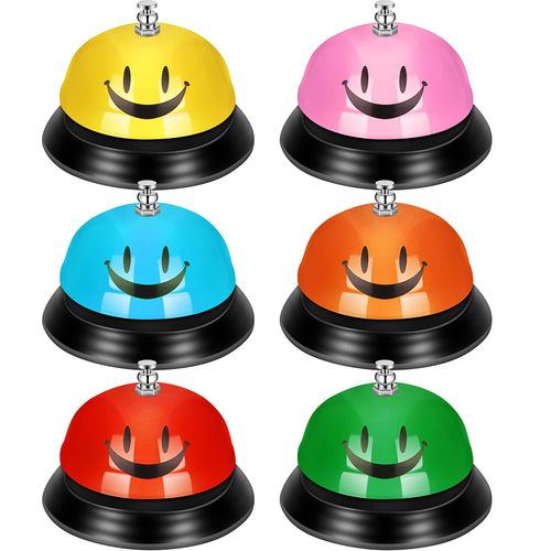 Chumia 6 Pcs Call Bell Desk Bell for Service 3 Inch Diameter Smile Face Service Bell for Desk School Bell with Metal Anti Rust Construction Front Desk Bell for Hotel Restaurant Office School, 6 Color