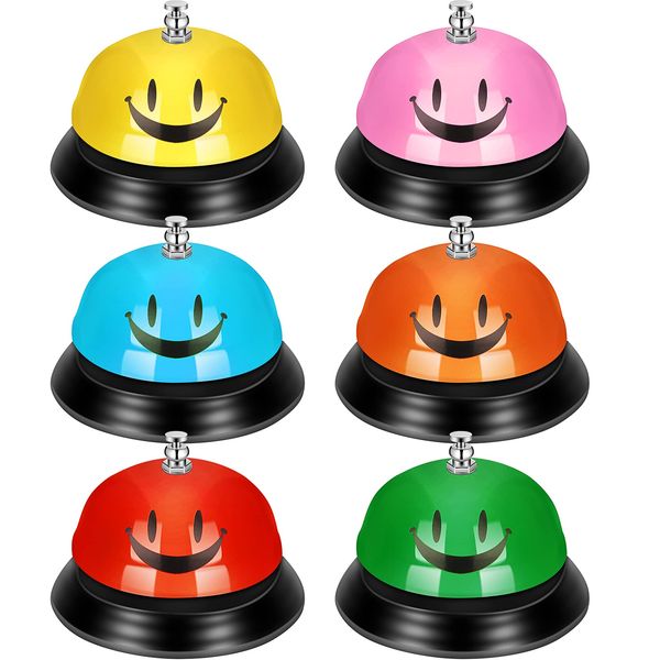 Chumia 6 Pcs Call Bell Desk Bell for Service 3 Inch Diameter Smile Face Service Bell for Desk School Bell with Metal Anti Rust Construction Front Desk Bell for Hotel Restaurant Office School, 6 Color