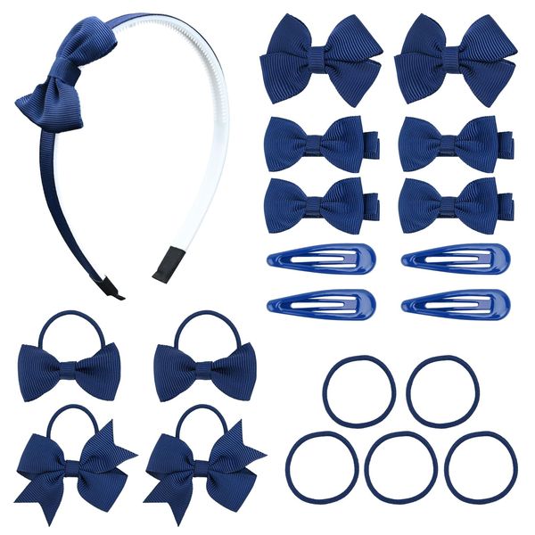 Bekecidi 20 Pieces Bow Hair Accessories Set Bow Hairpin Bow Hair Clips Bow Rubber Band Bow Headband for Girls Kids (Navy Blue)