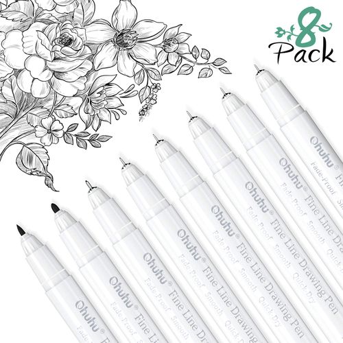 Ohuhu Fineliner Pen, Set of 8 Pack Ultra Drawing Pens, 8 Assorted Tip Sizes, 7 Fine Tip Markers & A Brush Pen, Black Ink Fine Line Pen for Drawing Details & Artist Illustration, Sketching, Manga