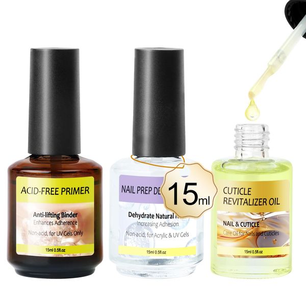 AISEELY 3PCS Nail Primer für Gelnägel Dehydrator für Nägel Set, Cuticle Oil Nagelhautöl für Nägel, 15ML Nail Dehydrator Primer für Nägel, Säurefrei Haftvermittler Nail Prep für Gelnägel & Acrylnägel