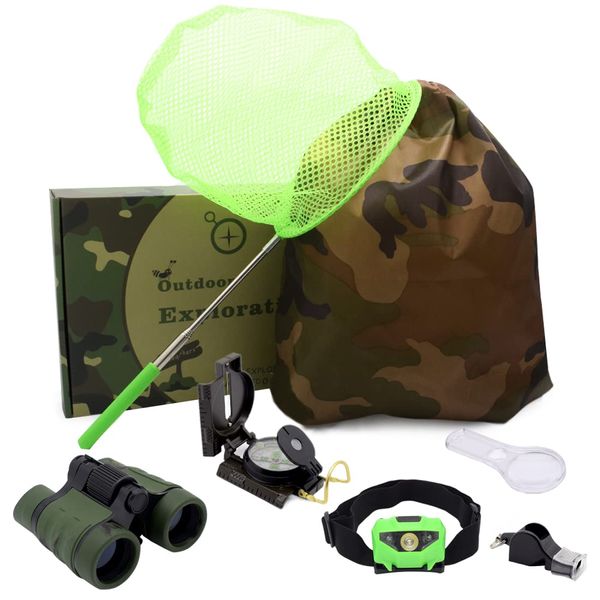 Kids Outdoor Adventure Set :Educational Children’s Toys Binoculars, LED Headlamp Flashlight, Compass, Magnifying Glass Whistle Butterfly Net & Backpack(Camo Color) for Boys