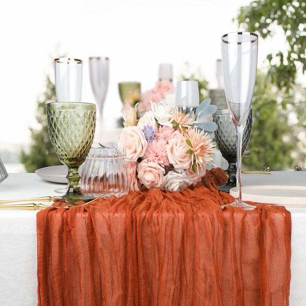 Qidordour 2pcs Cheesecloth Table Runner Terracotta, 13 ft Boho Gauze Wedding Table Runner Rustic Sheer Runner 35" x 160" Long for Wedding, Bridal & Baby Shower, Birthday Party Table Table Decorations