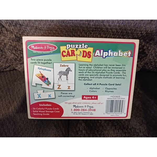 Melissa and Doug Alphabet Puzzle Cards Wooden Box Age 4+ Learn 26 2-piece Cards