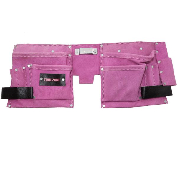 Toolzone 11 Pocket Pink Double Leather Tool Pouch Includes Tape/Hammer Holder