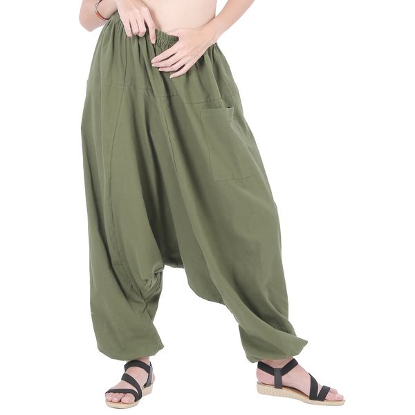 CandyHusky 100% Cotton Hippie Gypsy Boho Baggy Pants Harem Pants for Men Women Yoga Pants Aladdin Pants One Size Fits Most-Olive Green