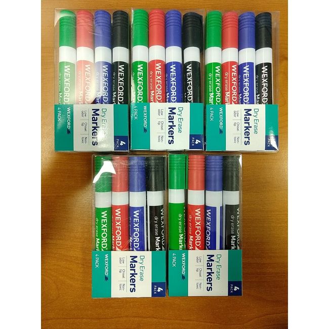 5 Boxes: Wexford Dry Erase Markers for Whiteboards Black/Red/Blue/Green  - E6D