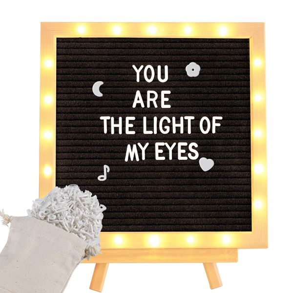 Light up Felt Letter Board Sign with LED Lights,10 × 10in Changeable Message Board Wall Mounted with Tripod Stand 470 Letters for Birthday Housewarming Gifts Valentine's Day Parties Home Decor Black