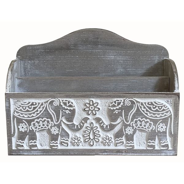 Solid Wood Letter Rack with Elephant Carvings