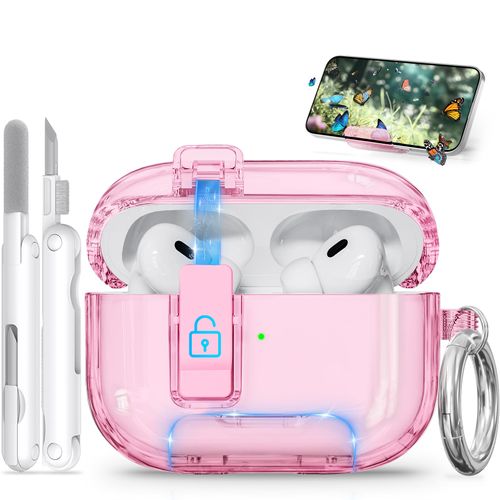 Ekoonpft for AirPods Pro 2 Case with Phone Stand & Secure Lock, Auto-Open Clear Cover Compatible with Apple AirPods Pro 2nd/1st Gen (2023,2022,2019) with Cleaning Kit & Keychain (Clear Pink)