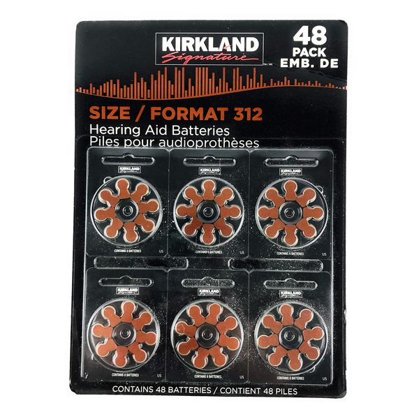 Kirkland Signature 1.45 Volt Mercury Free Premium Quality Hearing Aid Batteries, 312 (48-Pack)