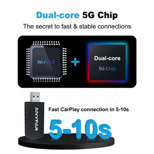 Wireless Carplay Adapter for iPhone, Dual-Core 5G Chip Auto-Connect in Seconds No Latency, Thermal Vent Design, With USB-C and USB-A Cables, Only for Factory Wired CarPlay Car from 2016, ANYFAR A4 Pro