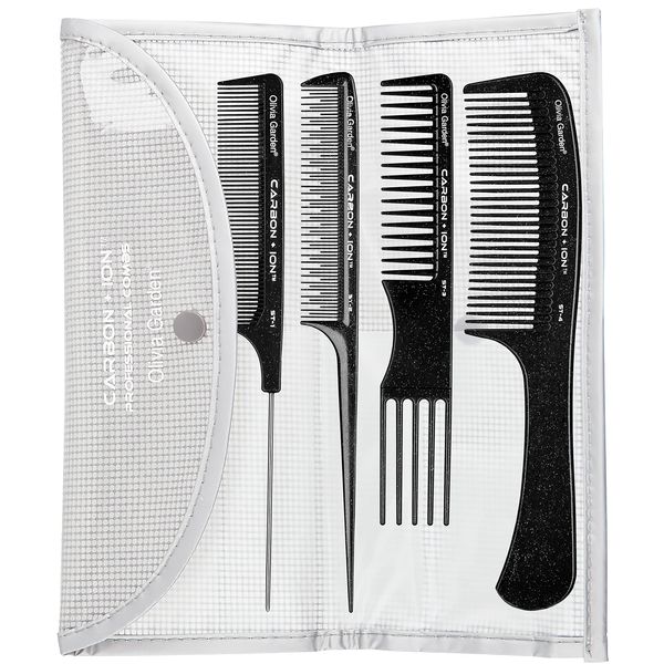 Olivia Garden Carbon + Ion™ Technical Combs Set, 4pcs+Pouch - High-Tech Carbon Comb for Precision Hair Cutting and Coloring, Ion-Charged