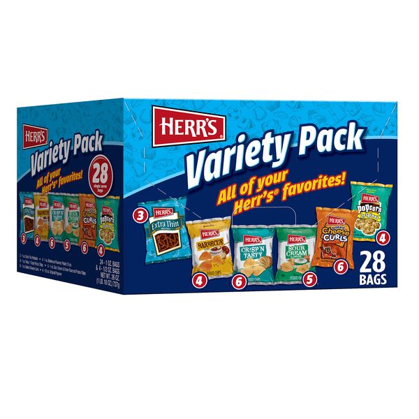 Herr’s Snacks Variety Pack, Potato Chips, Pretzels, Popcorn, Cheese Curls, 26oz Box (28 Bags)