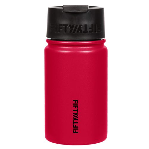 Fifty/Fifty 12oz, Double Wall Vacuum Insulated Café Water Bottle, Stainless Steel, Flip Cap w/ Wide Mouth, Cherry Red, 12oz/354ml