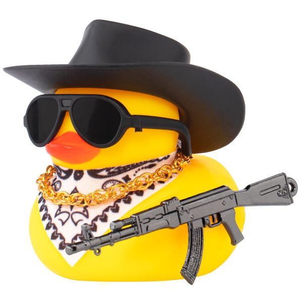 wonuu Car Rubber Duck Ornament Cool Car Accessories Duck Car Dashboard Decoration Special Prop Cowboy Hat Necklace, AK47