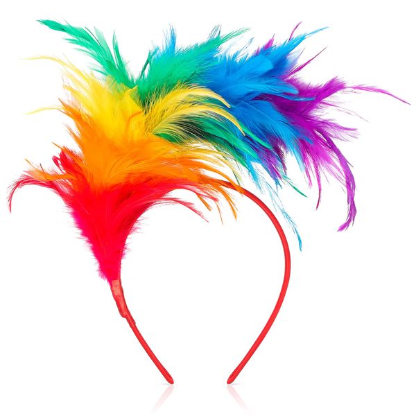 Dilunave Colorful Feather Headband Fascinator Headbands Cosplay Hair Bands Carnival Party Headdress Rainbow Headband Feather Headdress CostumeEaster Day, Wedding, Halloween Party (Bright Color), M