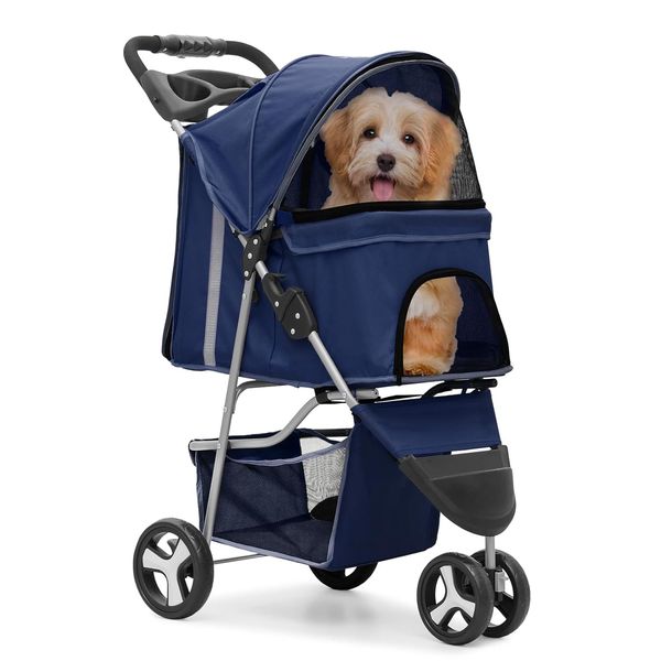 3 Wheels Pet Stroller, Foldable Dog Cat Cage Jogger Stroller with Weather Cover