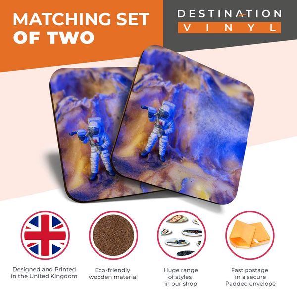 2 x MDF Glossy Top Coasters Square - Mini Astronaut Figure Alien Planet 12375
