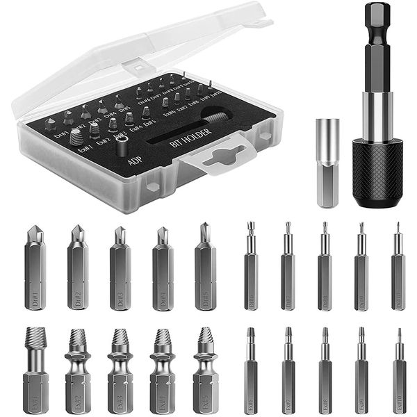 JIVIMOCO Damaged Screw Extractor Set, 22 Pieces Stripped Screw Extractor Set, HSS Broken Screw Extractor Set with Drill Bit Adapter and Socket