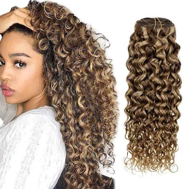 Hetto Curly Clip in Hair Extensions Human Hair Curly Hair Extensions Clip in Human Hair Natural Wavy Clip in Extensions #P4/27 Dark Brown Highlight Blonde 20 Inch 7Pcs 105g