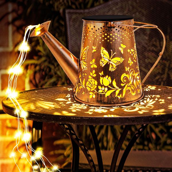 Anordsem Solar Garden Light for Outdoor Decor, Watering Can Butterfly Lantern with 6 LED String Cascading Lights, Backyard Yard Fence Lawn Decorations, Auto ON/Off & Waterproof