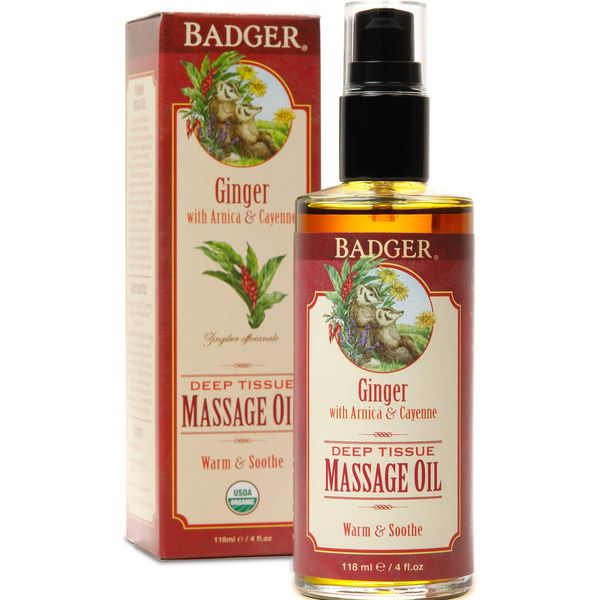 Badger - Deep Tissue Massage Oil, Ginger with Arnica & Cayenne, Certified Organic Massage Oil, Warm & Soothe, Massage Oil for Sore Muscles, Essential Oils, 4 oz