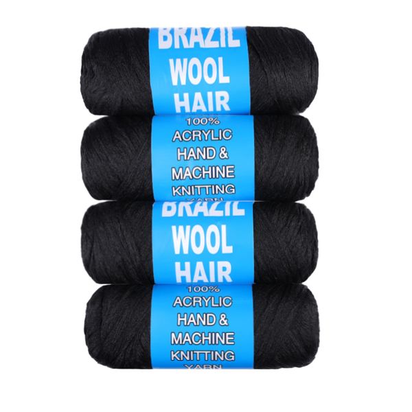 Samtress 4 Roll Natural Black Brazilian Wool Hair Acrylic Yarn for African Crochet Braids/Faux Locs/Senegalese Twist/Jumbo Braiding/Box Braids/Twist Wraps Synthetic Fiber Hair Extensions（#1B)