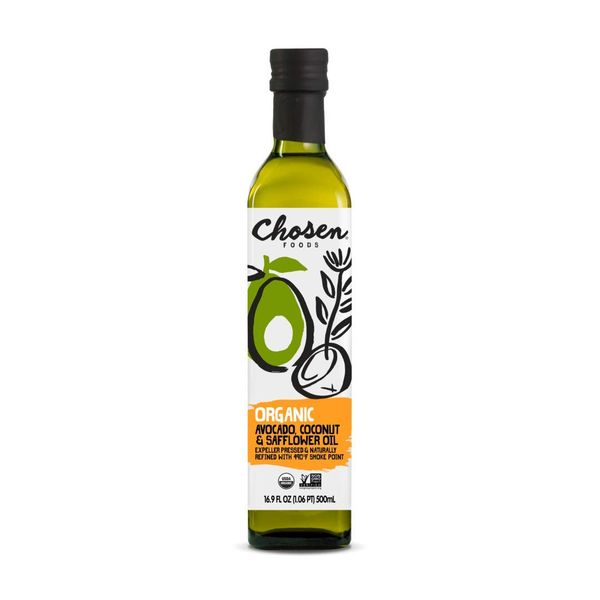 Chosen Foods Organic Avocado, Coconut & Safflower Oil, Kosher Oil for Baking, High-Heat Cooking, Frying, Homemade Sauces, Dressings and Marinades (16.9 fl oz)