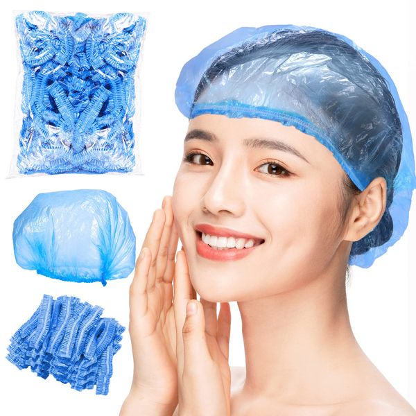 Annhua Waterproof Shower Cap, Disposable Hair Cap, 100 Pieces, Guest Cap, Transparent, PE, One Size, Clear Blue, For Hair Dying, Bathing, Cooking, Work, Unisex, Vanity Cap, Bath Hat, Hygiene