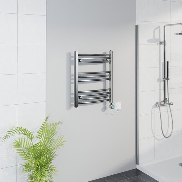 Warmehaus Smart WiFi Thermostatic Electric Bathroom Curved Heated Towel Rail Prefilled Warmer Radiator with Timer 600x500mm - Chrome