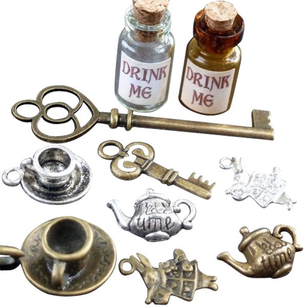 UMBRELLALABORATORY 10pcs Alice in Wonderland Party Supplies, jewelry making charms, Decoration, Fairy Drink me Potion Bottle with Cork Costume Accessory, tea pot, tea cup, rabbits, keys lot