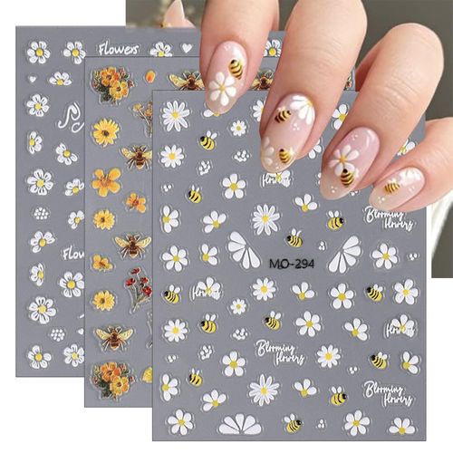 Auiremrti Set di 3 adesivi autoadesivi per unghie, con motivo floreale e api, per nail art creativo, per nail art e accessori