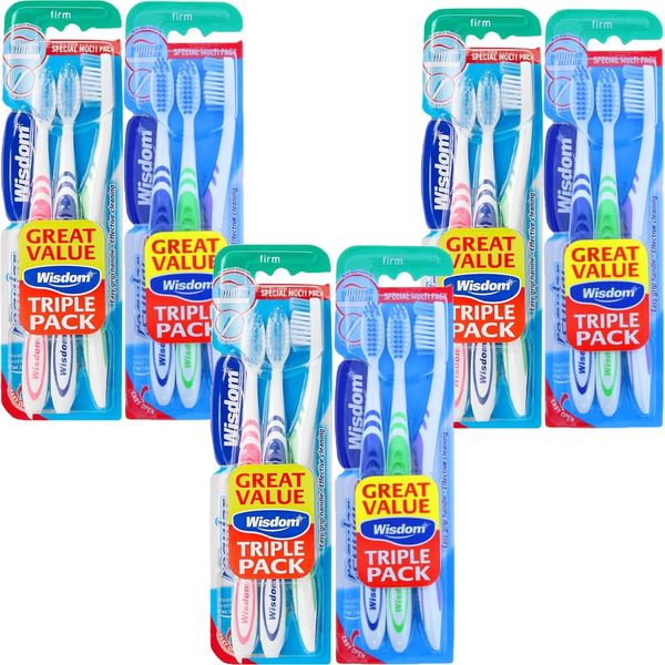 Wisdom Regular Plus Triple Pack Firm 3 Assorted Colour Toothbrushes Pack of 6 Clean Teeth Fresh Breath Rubber Tonge Cleaner Healthy Gums Plaque Removal with Welari Thank You Card | (6pack) (18brush)