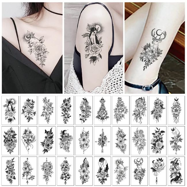 TSLRSA 60 BläTter Klein Schwarz Rose Blume Temporäre Tattoos Frauen Körper Arm Beine Päonie Geometrisch Tattoo Aufkleber Gefälscht Wasserdicht Skizzieren Tätowierung Sexy Pfingstrose Temporary Tattoos